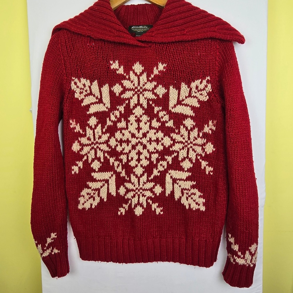 Eddie Bauer Red Merino Wool Silk Snowflake Sweater Shawl Collar Small